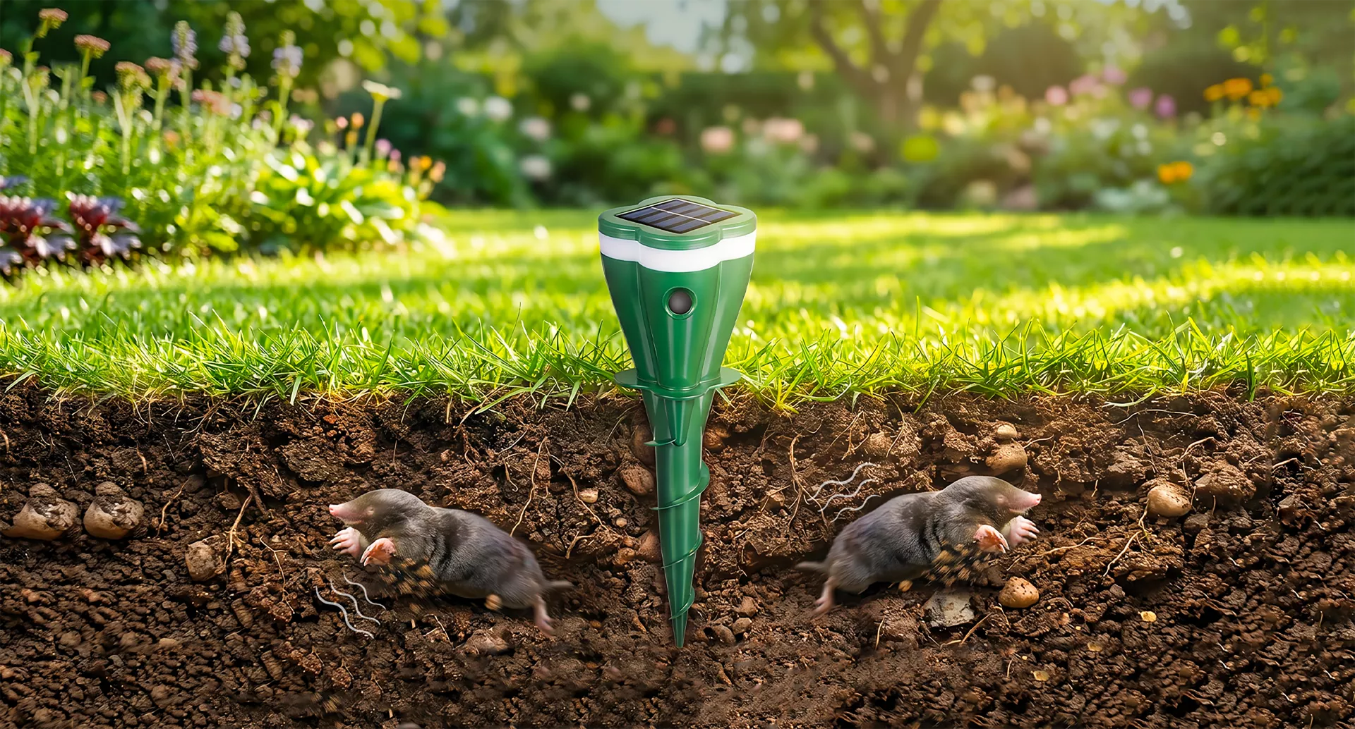 Répulsif solaire à ultrasons pour animaux d'extérieur.